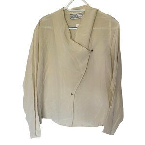 Pacific Silk Studio Womens Silk Blouse M Beige Button Front Long Sleeve